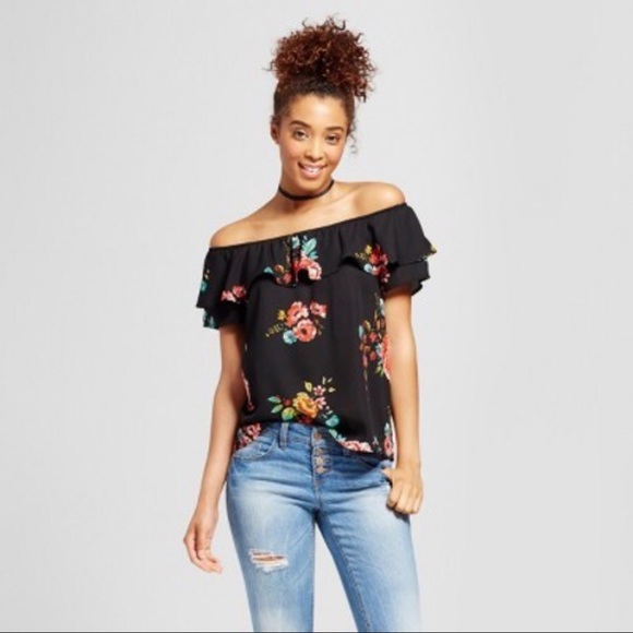 Tops - Black Floral Double Ruffle Off The Shoulder Top M